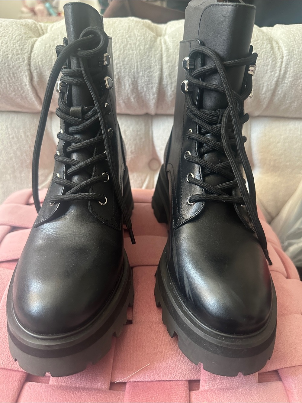 Marc Fisher Black Lace-Up Lug Sole Boots